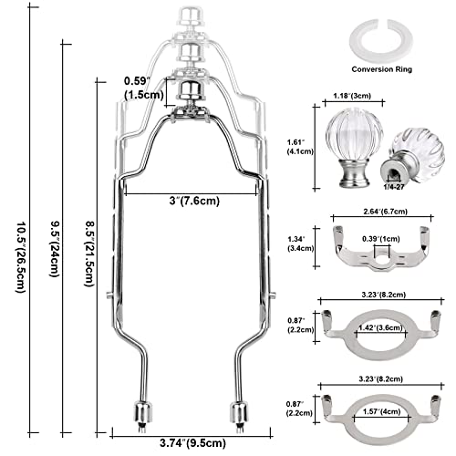 Image of WEAVERBIRD Lamp Shade Harp Bracket 8 9 10 inch Adjustable Lamp Harp Kit with 3 /8 Standard Saddle,E14 E26 E27 Light Base UNO Fitter Adapter Converter Finial Set and Crystal Lamp Finial Knob, Silver