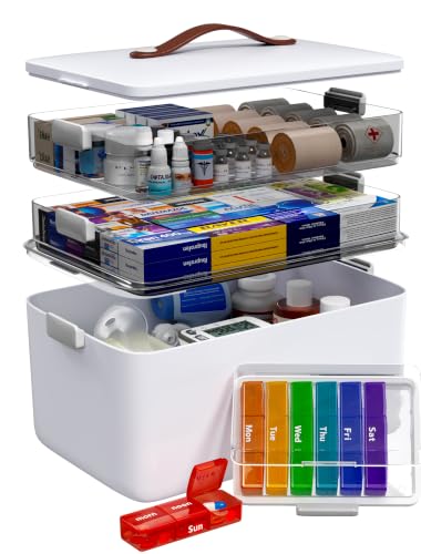 Image of Medicine Organizer Box, 3-Tier Medicine Storage Box with 7-Day Pill Case, Clear Trays and Carry Handle, Empty First Aid Kit Organizer for Pills and Bottles