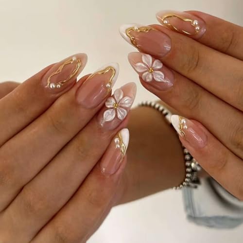 Image of NBNTGH Press on Nails with White Flower Design Gold Line Fake Nails Pearl Decor Stick on Nail Glossy Full Cover for Women Manicure 24Pcs