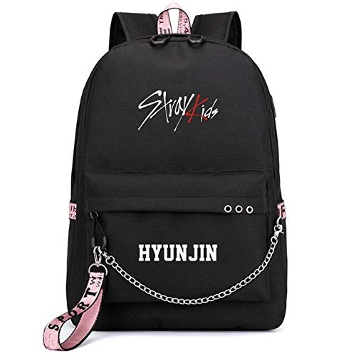 Korean Band Stray CHANGBIN SEUNGMIN Canvas School Backpack for Women (HYUNJIN Black)
