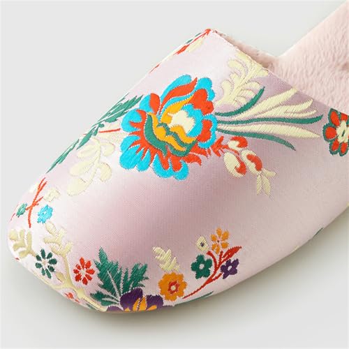 Chinese Slippers for Women Embroidered Flower Upper Silk and Fuzzy Plush Lining Warm Cozy Non-Slip Flat Shoes Indoor2