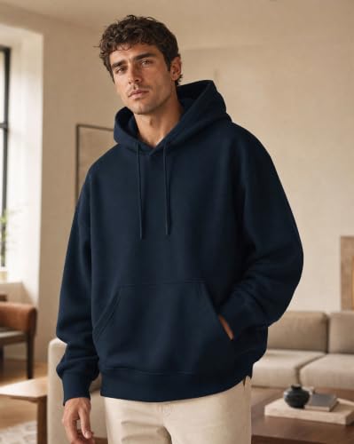Image of NOBERO Oversized Solid Hooded Sweatshirt for Men | Oversized Hoodie for Men | Hooded Pullover | Cotton Rich Printed Hoodie 280 GSM Fleece