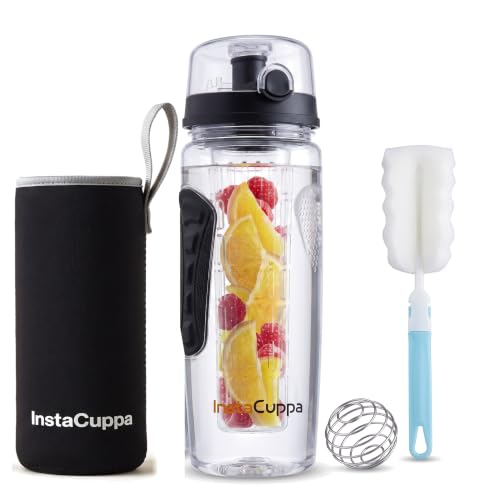InstaCuppa Tritan Fruit Infuser Water Bottle, Infusion Unit, Recipes Ebook, Sleeve, 1000 ml, Set of 1, Black.