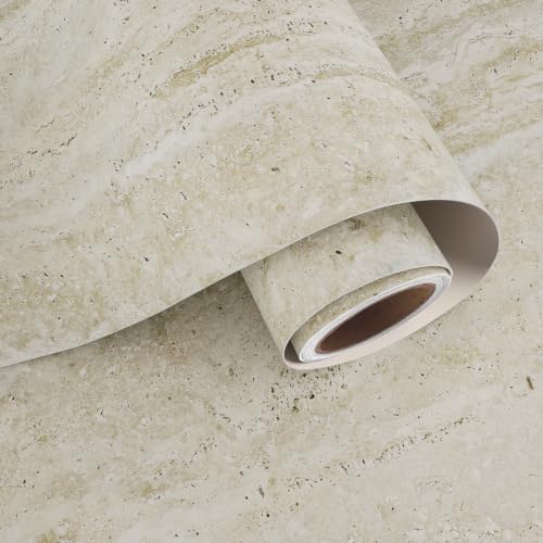 Image of VaryPaper Beige Travertine Marble Wallpaper Self Adhesive Kitchen Vinyl Wrap for Worktop 40cmx200cm Sticky Back Plastic Faux Limestone Wallpaper for Bedroom Bathroom Waterproof Cupboard Furniture Wrap