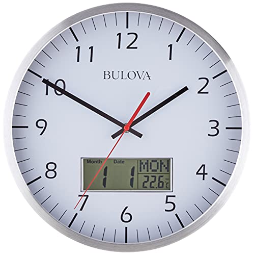 Bulova Manager Wall Clock, White, Silver, 14 inches