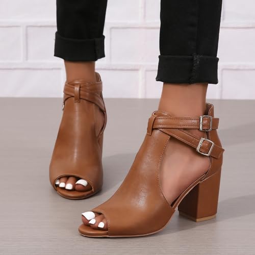 Image of Women's Peep Toe Sandals Side Cutout Chunky high Heel Adjustable Buckle