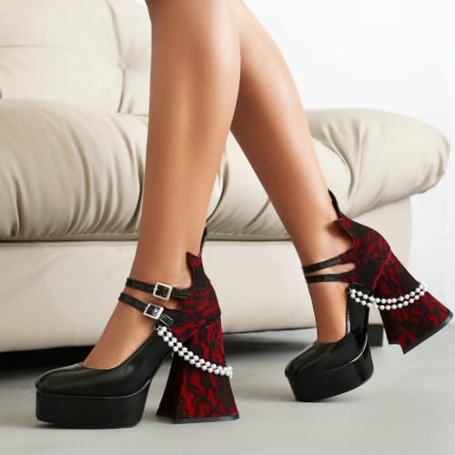 Image of KOKOMOMO Womens Lace Flower Heels Goth Platform Shoes Chunky High Heel Mary Janes Gothic Shoe