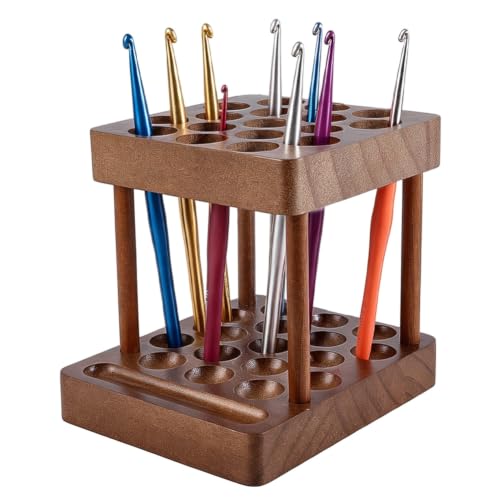 FINGERINSPIRE Wooden Crochet Hooks Holder Square Crochet Hook Crafts Organizer With 17 Holes Coconut Brown Pine Wood Knitting Tool Holder Sewing Supplies Storage for Knitting Needles