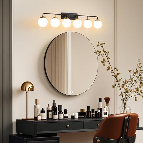 Image of Bathroom Light Fixtures 45.3in 6-Light Black Gold Vanity Lights for Mirror | Bathroom Lighting Fixtures over Mirror, ETL, Brushed Brass Wall Sconce, Dimmable E12 Base Max 60W, Milky Glass Ball Shades