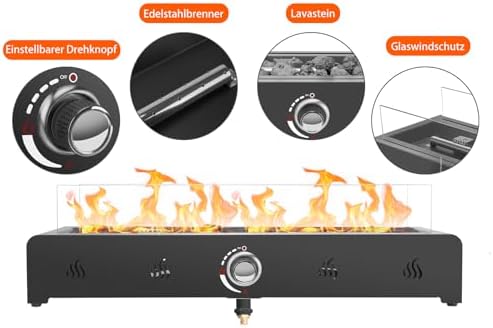 Bild 2 - onlyfire 72cm Tisch-Gas-Feuerstelle, 6.5 kW Propan Gas Terrassenfeuer Tischkamin mit Unterer Lufteinlass, Glaswindschutz & Lavastein, Rechteckig Tischfeuerstelle Outdoor für Terrasse Garten