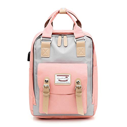 Rucksäcke Laptop,USB-Multifunktionsdrucker Schultertasche Canvas Schultasche Für Jugendliche Mädchen Jungen Reisen Rucksäcke, Rosa Und Grau
