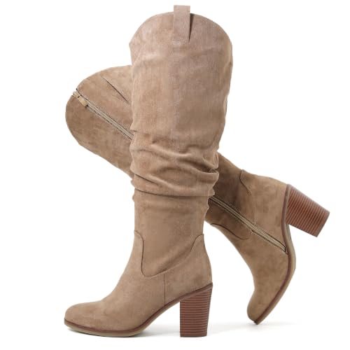 Luoika Women's Extra Wide Calf Cowboy Knee High Boots.Beige 230702 10XW
