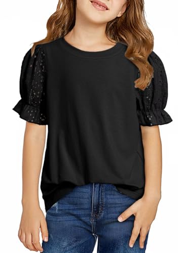 Image of DOKOTOO KIDS Girls Summer Shirts Cute Hollow Out Puff Short Sleeve Tops Casual Crewneck Tee Blouse 6-15 Years
