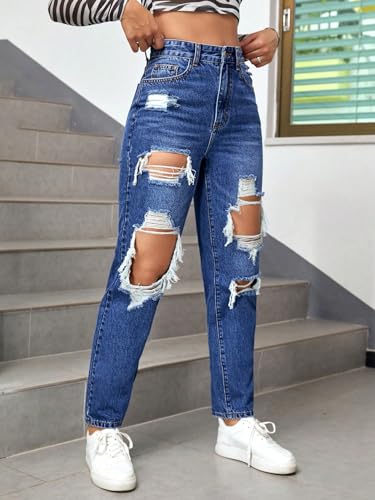 Floerns Women's High Waist Boyfriend Straight Leg Ripped Jeans Distressed Denim Pants Grey3