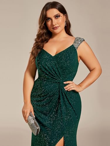 Image of Ever-Pretty Women's Glitter V Neck Sleeveless Plus Size Formal Dresses High Split Bodycon Prom Dress Evening Gowns