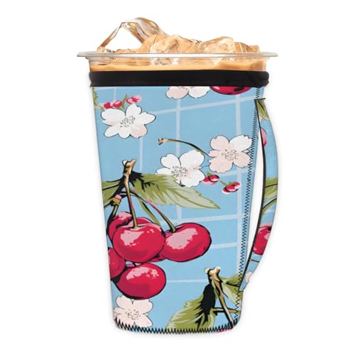 Grid Cherries Reusable Neoprene Coffee Sleeve with Handle Insulated Iced Coffee Cup Holder Reduces Condensation Fits 24-28 oz Cups M