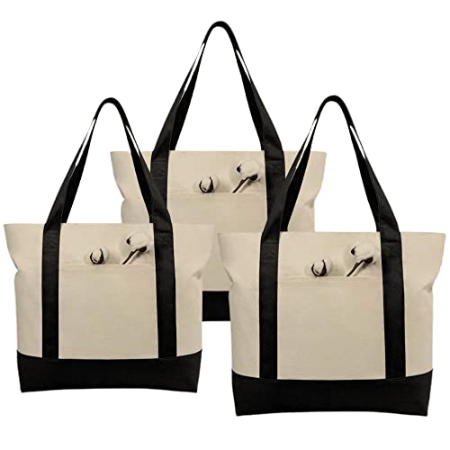 Simpli-Magic Stylish Canvas Tote Bag with an External Pocket, Top Zipper Closure, Daily Essentials, 3 Pack, 20" x 15" x 6"