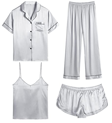SWOMOG Womens Silk Satin Pajamas Sets 4pcs...
