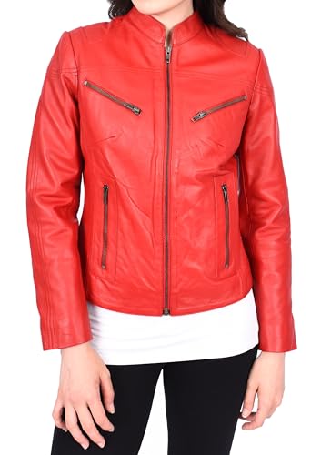 Veste de moto en cuir pour femme d'exception rouge avec col mandarin ajusté