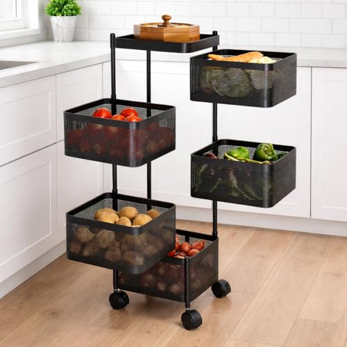 Image of RADIANT 5 Layer Multipurpose Plastic Trolley with Dish Rack for Kitchen Fruit Vegetable Storage Basket Kitchenware Food, Snacks, Toys, Tiered Shelf (Black) (Square Trolley - 5 Layer)