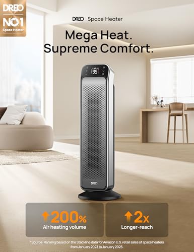 Image of DREO Space Heater Indoor, 25 inch 11.5ft /s Fast Portable Room Heater with Remote and Thermostat, 3 Modes, Overheating & Tip-Over Protection, Electric Heaters for Indoor Use Large Room, Bedroom, Silver