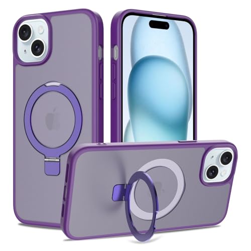 Image of Magnetic for iPhone 15 Plus Case & iPhone 14 Plus Case, 6.7 inch, Compatible with MagSafe, Rugged Kickstand, Not-Yellowing Military-Grade Protection, Matte Purple