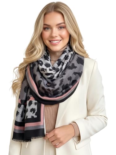 Image of The Accessory Co. Ladies Large Leopard Print Scarf for Women, Animal NHS Colourful Rainbow Bright Striped, Shawl Wrap Long Neck Scarf (Grey Stripe)