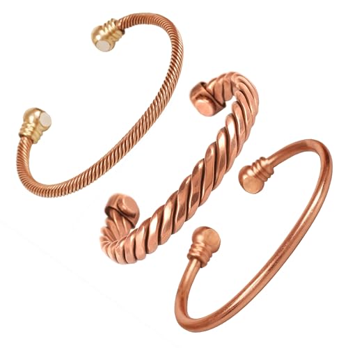 Image of Touchstone copper bracelet tibetan style. hand forged with solid and high gauge pure copper. set of 3 different designs in twisted pipe braided wires style.KRBRA097-01-C REM