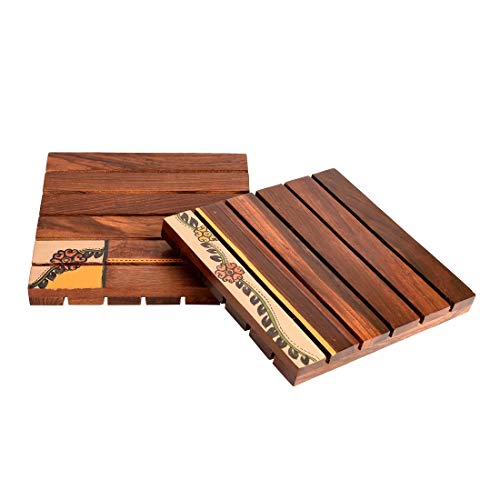Image of AAKRITI ART CREATIONS Wooden Coaster Set Handcrafted with Floral Art Set of 2 | Natural Brown Wooden Coasters | Matte Finish Table Coasters | for Dining Table & Home