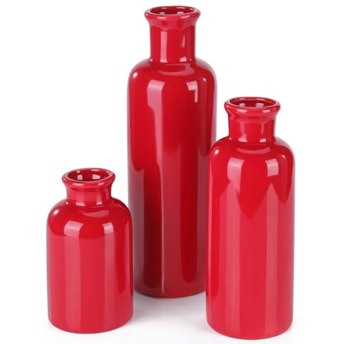 Small Ceramic Vase Set of 3 Boho Modern Flower Vase Room Decor Farmhouse Decor Vases for Your Kitchen Bathroom Bedroom Living Room Office&Shelf Centerpiece Table Decorations Red