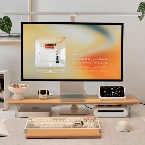 Image of Bamboo Monitor Stand Riser with Acrylic Legs for Desk, 31.5 Inches Desktop Shelf Supports for PC Computer Monitor, Laptops, Printer, Speakers (Natural)