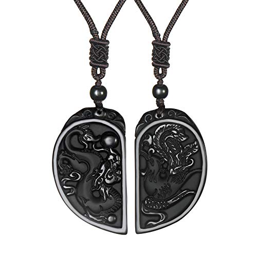 2 Stück Obsidian Dragon Phoenix Liebespaar Amulett Anhänger Personalisierte Gravur Kristallheilung Yoga Schmuck Halsketten für Paare Cover