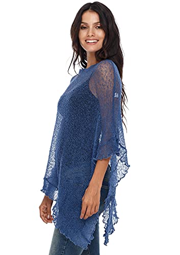 Shu-Shi Womens Sheer Poncho Shrug Lightweight Knit Ruffle Pullover Sweater Top (One Size, Deep Sea) #TOP2