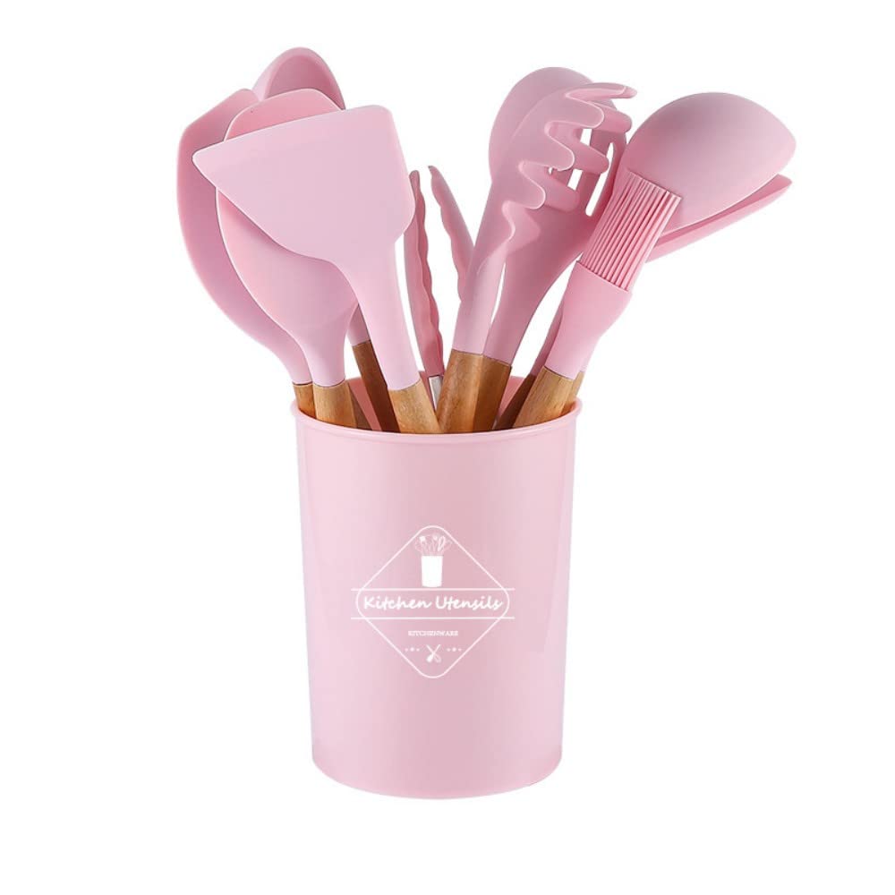 Ustensiles de cuisine en silicone rose nordique avec manche bois et pot (12 pièces)