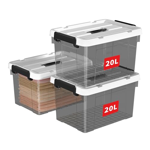 Cetomo 20L*3 Scatole di Stoccaggio in Plastica, Scatole Portaoggetti con Coperchio, Organizzatore con Manico, Contenitori per Casa e Ufficio, Impilabile, Resistente, Nero Chiaro, 20L - Confezione da 3
