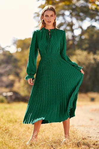 PRETTYGARDEN Women's 2026 Spring Midi Dress Casual Long Sleeve V Neck Swiss Dot Pleated A Line Flowy Dresses - Image 4