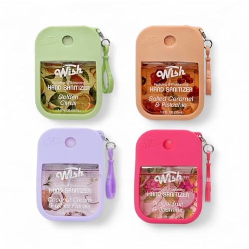 Wish Hand Sanitizer Spary Travel Size Spray 4-Piece 1.2 FL OZ (35ML) Each, Salted caramel, Coconut Cream, Dragonfruit, Golden Citrux, Hydrating and Moisturizing,(4 pack)