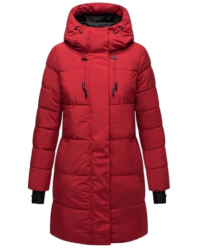 MARIKOO Damen Wintermantel Warmer Steppmantel lang mit Verstellbarer Kapuze und reflektierenden Details Kaituu XVI Dark Red Gr. L