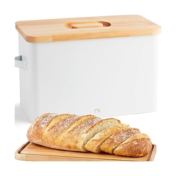 Extra Large White Modern Farmhouse Bread Box with Cutting Board Lid, Metal Bread Boxes for Kitchen Counter, Big Holds 2+ Loaves, Air Vents to Keep Bread Fresh, Bread Holder