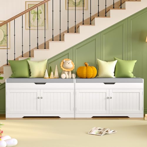Image of TEENFON 2-Tier Storage Bench, Shoe Bench with Adjustable Shelf & Lift Top Storage, Entryway Bench with Cushioned Seat,13.8 inchD x 36.2 inchW x 19.7 inchH, Shoe Organizer for Entryway, Living Room, Bedroom, White