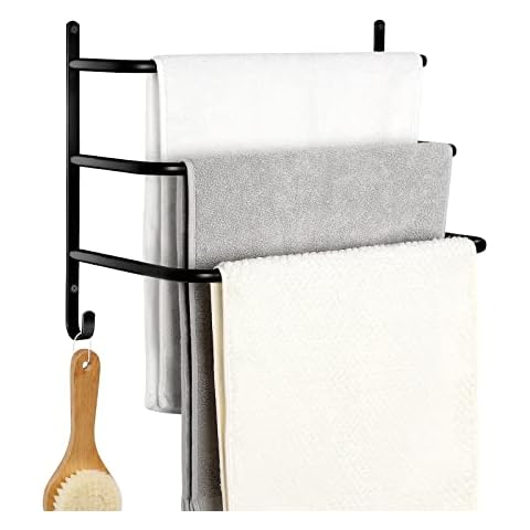 Towel Rack for Bathroom Wall Mounted, 3-Tier Towel Shelf with Towel Hooks, 304 Stainless Towel Holder, Matte Black Cover