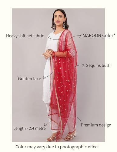 Image of Net Butti Dupatta for Women | Golden Lace Border Chunni | Butti Work Odhani | Wedding & Bridal Styling | Lightweight Drape | Kurti & Salwar Suit