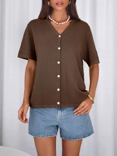 Image of NALANISA Women's Short Sleeve Sweater Spring Summer Crochet Knit Tops 2026 V Neck Striped Button Down Dressy Casual Blouses