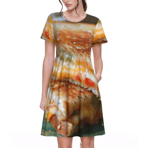 Cheese Sandwiches Druck, stilvolles Damenkleid, Sommerkleid mit Taschen, lässiger Rundhalsausschnitt, kurzärmeliges Kleid, Schwarz, S Cheese Sandwiches Druck, stilvolles Damenkleid, Sommerkleid mit Taschen, lässiger Rundhalsausschnitt, kurzärmeliges Kleid, Schwarz, S