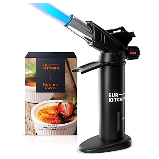 EurKitchen Premium Culinary Butane Torch with Gauge, Safety Lock, Adjustable Flame, Guard- Refillable Cooking Torch Lighter for Creme Brulee, BBQ, Baking, Soldering, Crafts- Butane Gas Not Included