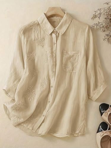 Image of Gufrina Women Embroidered Button Down Shirt with Floral Leaf Thread Work Collared Neck Half Sleeves Relaxed Fit Casual Office Wear Shirt