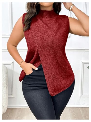 Image of OYOANGLE Women's Plus Size Mock Neck Wrap Hem Sweater Vest Sleeveless Split Asymmetrical Hem Pullover Tops Burgundy X-Large Plus