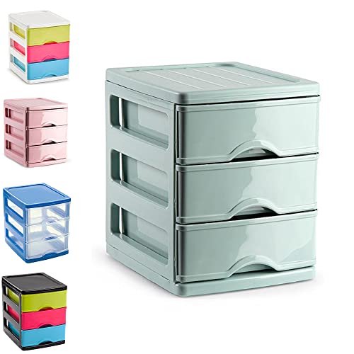 Plastic 3 Drawers Desktop Storage Unit with Drawers, Stationary Arts Drawer Desktop Tabletop Organiser Storage Tower Unit for Office Bedroom Garage (17 x 13.5 x 17cm, Mint Green)