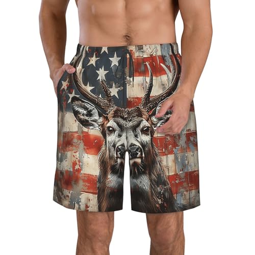 Men's Quick Dry Swim Shorts Deer American Flag Buck USA Flag Hunting Vintage Beach Trunks with Pockets