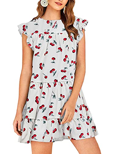 Remidoo Women s Babydoll Tiered Mini Dress Ruffle Sleeve Flowy Pleated Mini Dress White Cherry Small